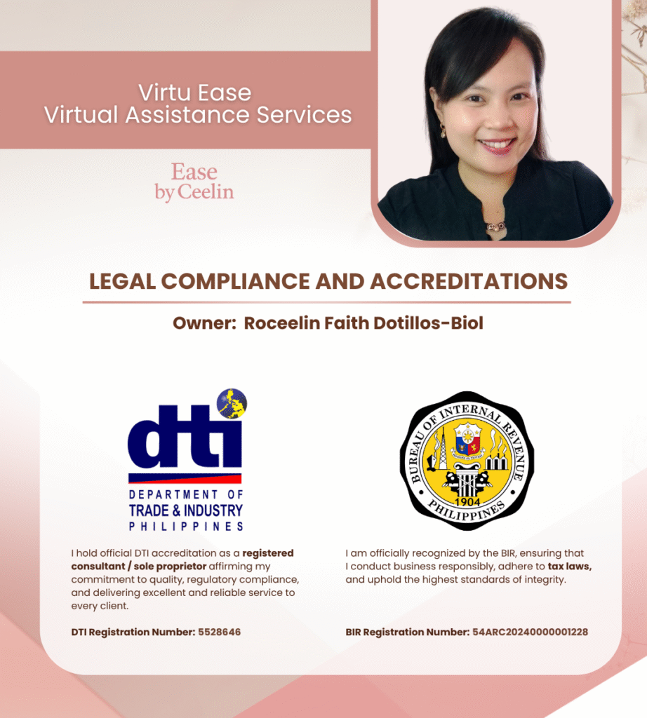 Legal compliance and accreditations of Virtu Ease Virtual Assistance Services (Ease by Ceelin) owned by Roceelin Faith Dotillos-Biol